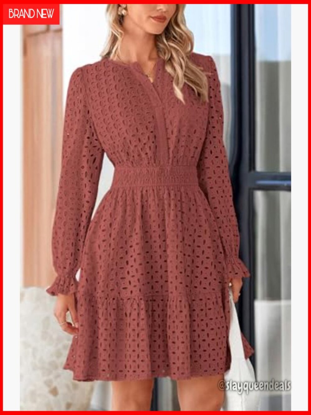 Long Sleeve Mini Dress V Neck A Line Ruffle Eyelet Casual Party - Picture 3 of 7